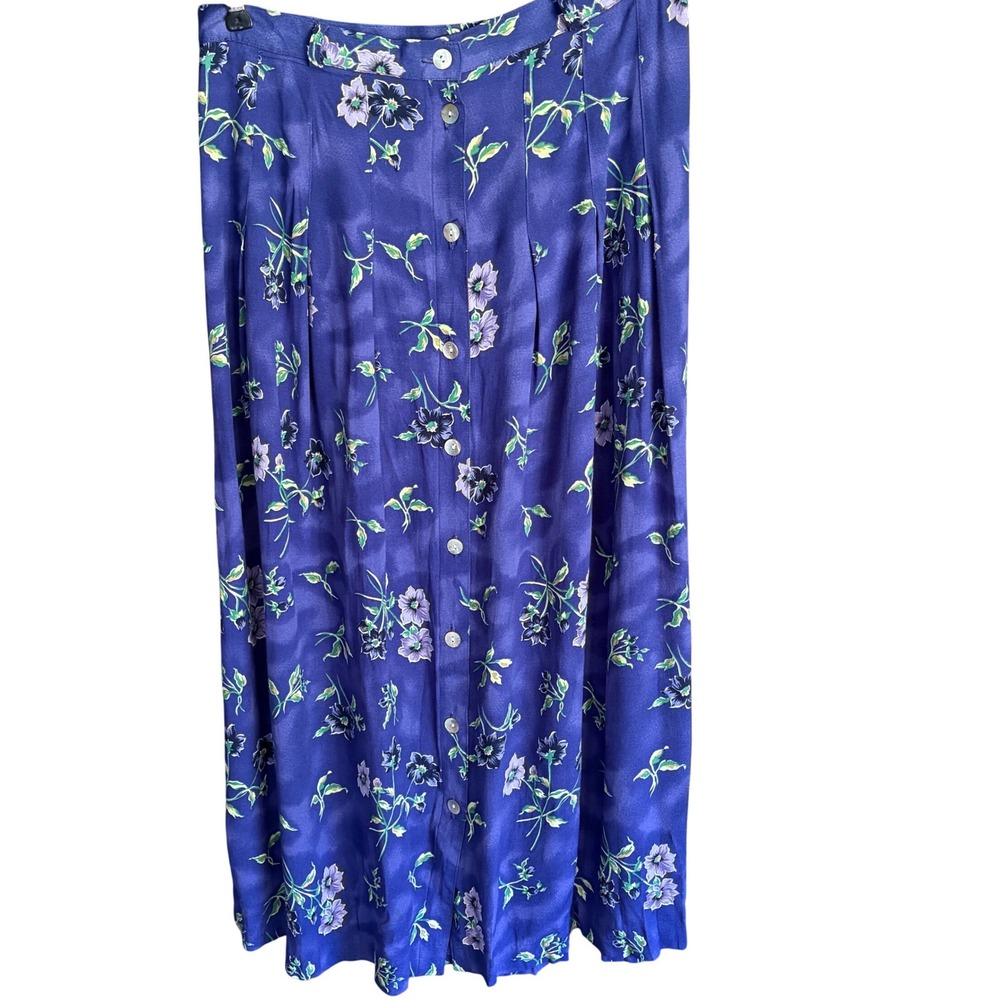 Hunt Club Vintage Floral Pleated Midi Skirt Purple Blue Button Front Size 14 - Picture 1 of 10